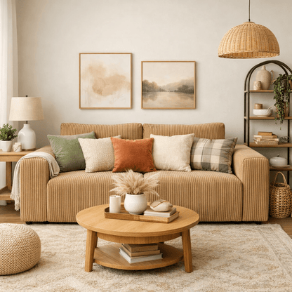 Cozy living room with a brown Soft corduroy sofa, wooden coffee table, and decorative items.