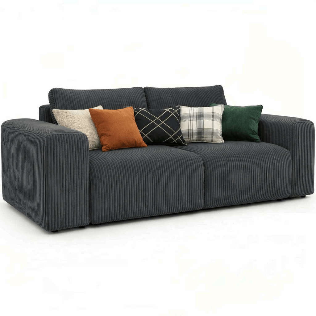 Gray Soft corduroy sofa with colorful cushions on a white background