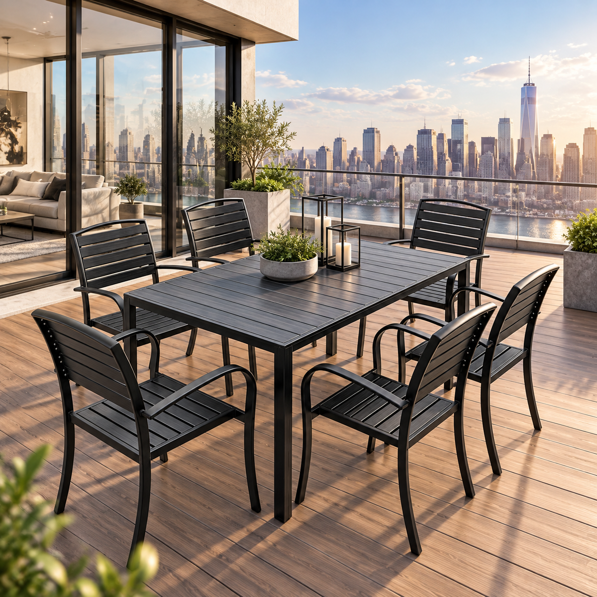 Black Outdoor Steel Table And 6 Chairs on a deck overlooking the city skyline