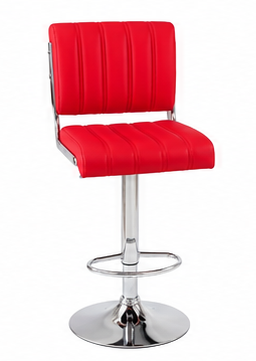 A modern counter stool with a bright red padded seat and backrest, supported by a chrome metal pedestal base and footrest ring, isolated on a white background.