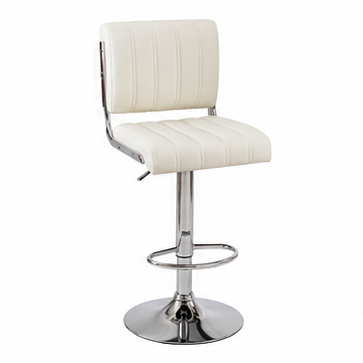 A modern counter stool with a white-colored padded seat and backrest, supported by a chrome-plated metal pedestal base and footrest, shown against a plain white background.