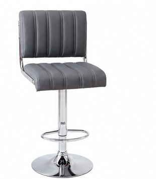 A modern gray upholstered swivel bar stool with a chrome metal pedestal base and footrest, shown on a plain white background.