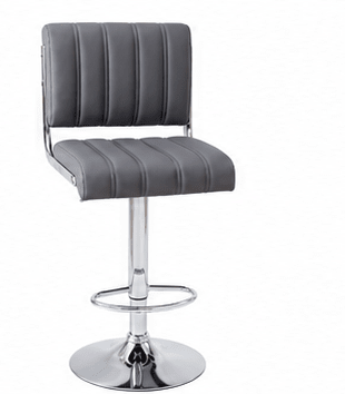 A modern gray upholstered swivel bar stool with a chrome metal pedestal base and footrest, shown on a plain white background.