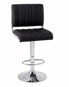 Black faux leather swivel barstool with vertical channel stitching on the backrest and seat, supported by a chrome-plated metal pedestal base with a footrest ring.