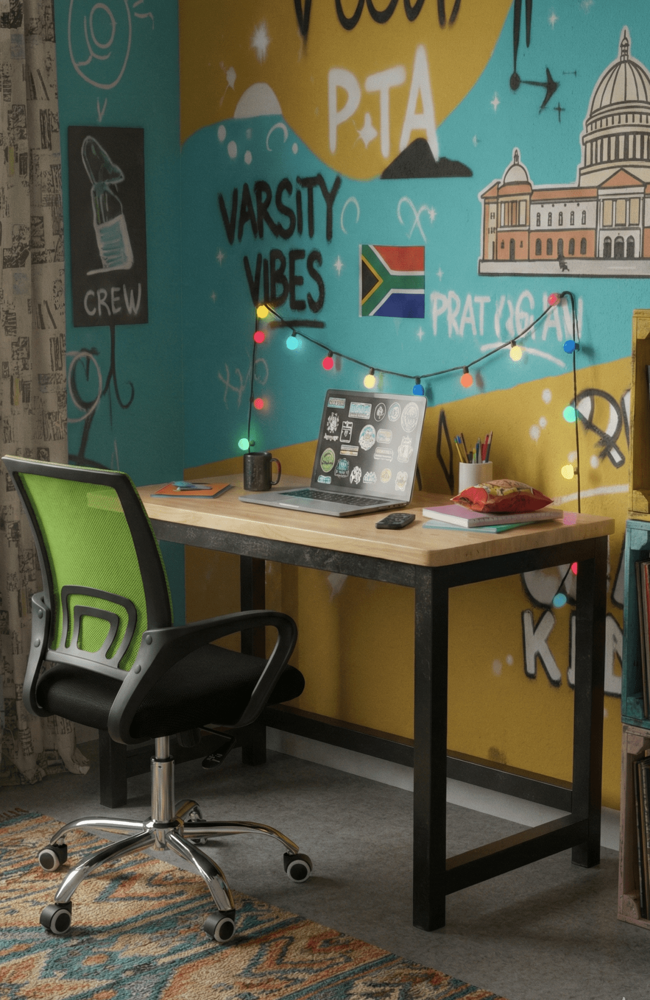 Home office with a desk, chair, and colorful wall art. That Couch Place Student Theme