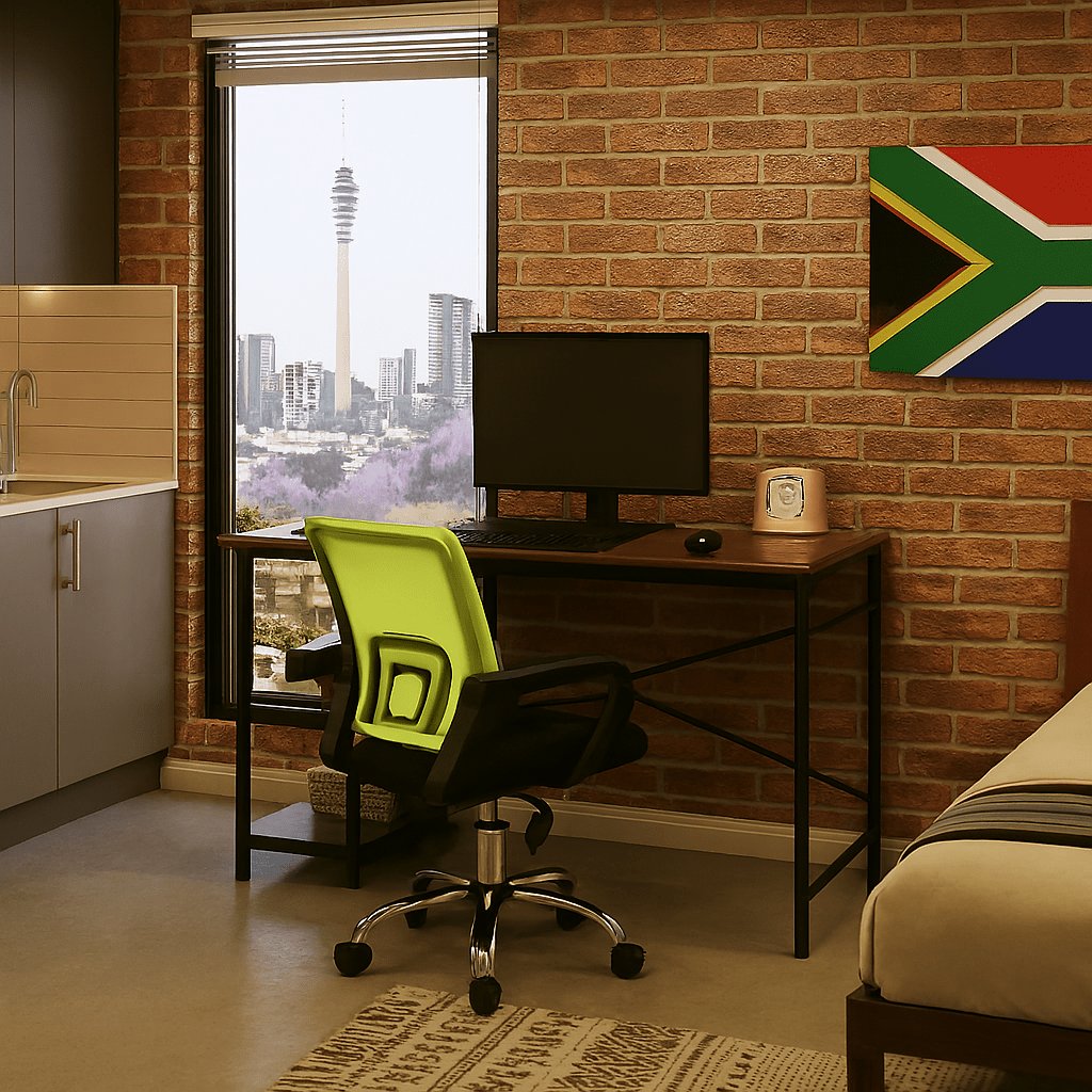 Home office with a desk, chair, and computer monitor against a brick wall. That Couch Place