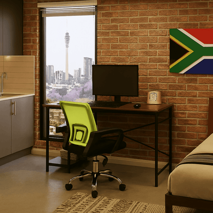 Home office with a desk, chair, and computer monitor against a brick wall. That Couch Place