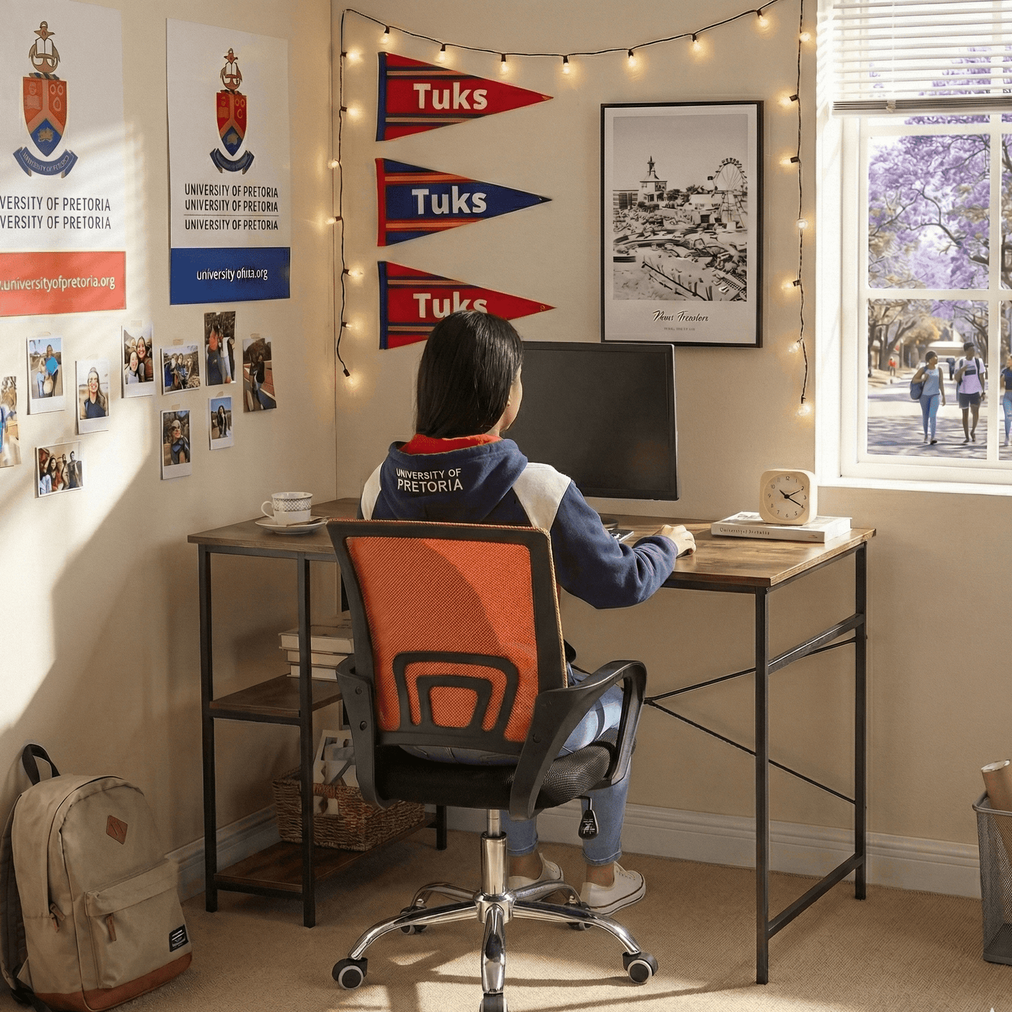 Person sitting at a desk in a room with educational posters and decor. That Couch Place