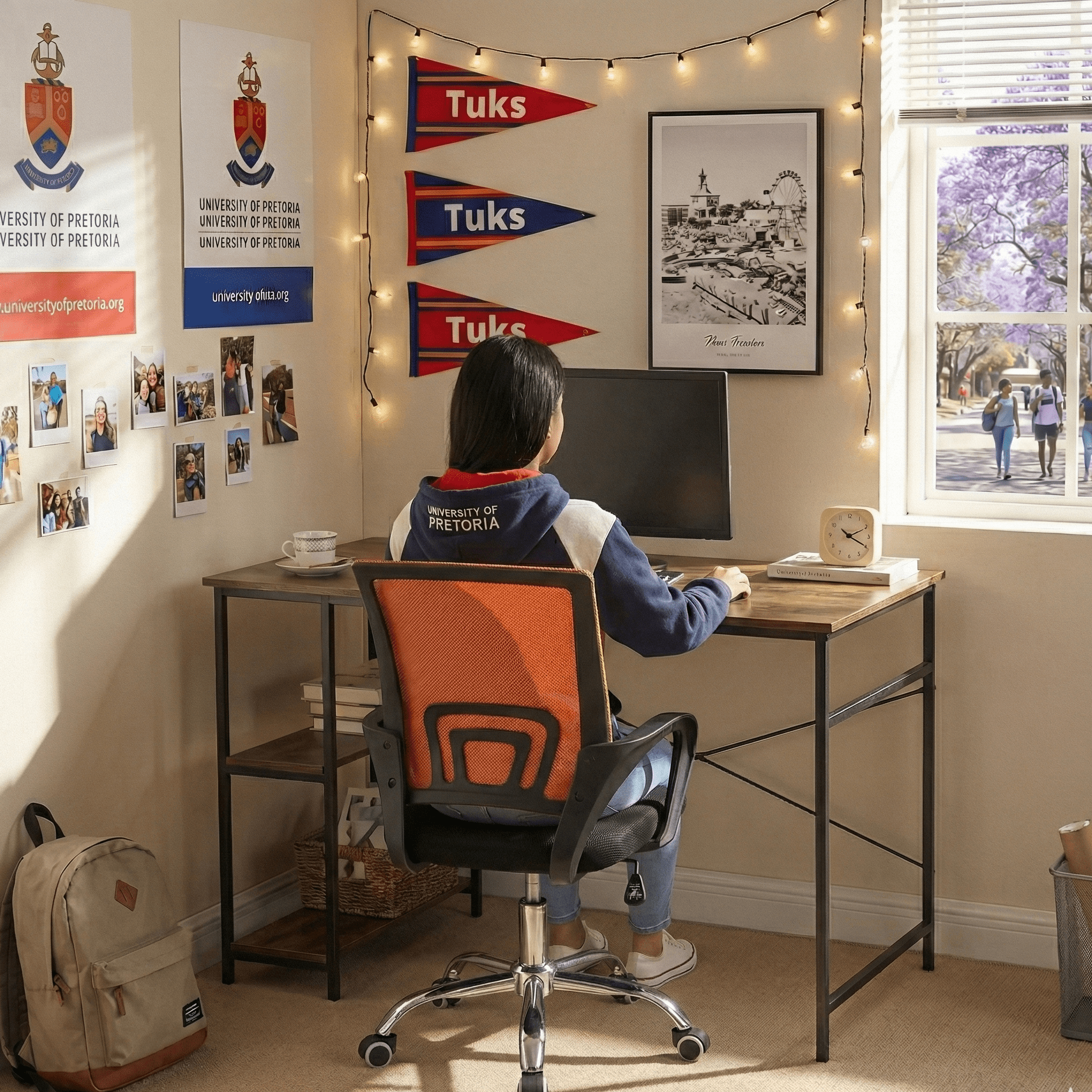 Person sitting at a desk in a room with educational posters and decor. That Couch Place