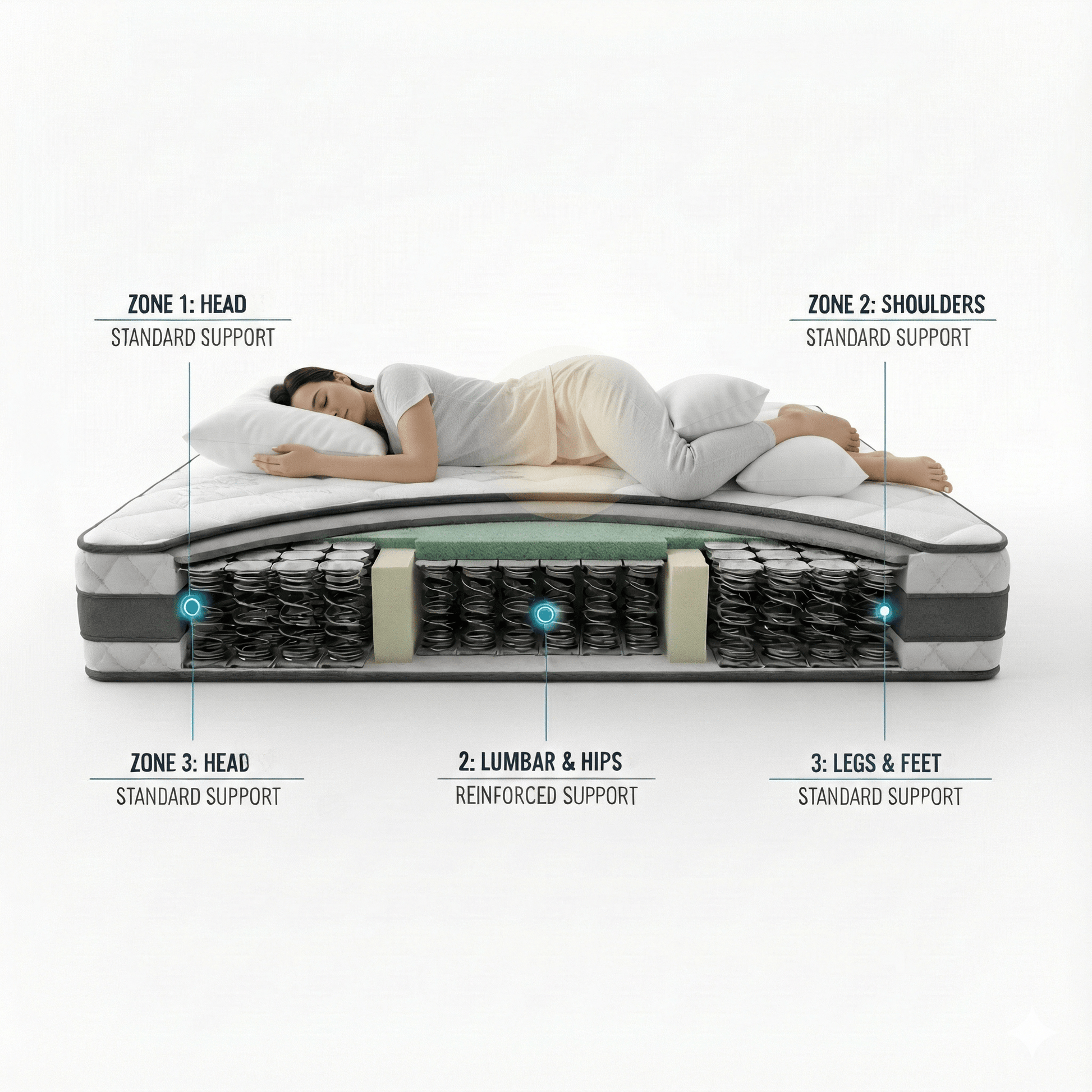 Mattress with labeled support zones and a person lying on it. Titanium Bedding