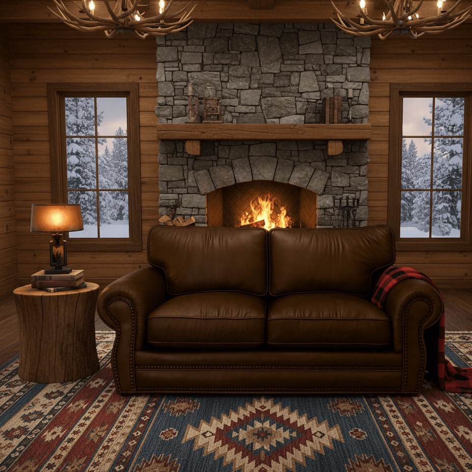 Cozy living room with stone fireplace in a lodge setting, brown leather sofa, and decorative rug - That Couch Place