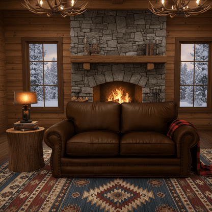 Cozy living room with stone fireplace in a lodge setting, brown leather sofa, and decorative rug - That Couch Place