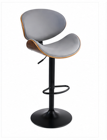 A modern swivel bar stool with a gray upholstered seat and curved backrest, supported by a black metal pedestal base with a footrest ring, shown on a white background.