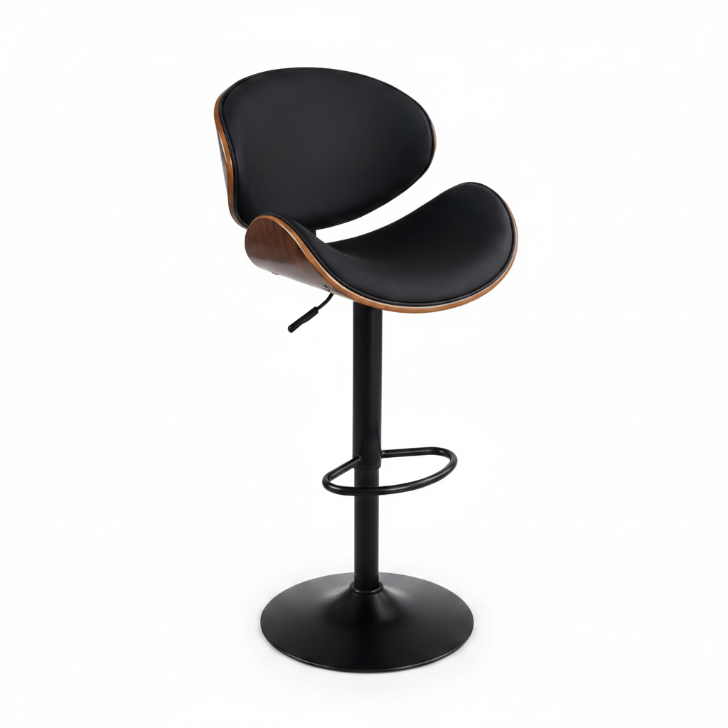 A modern bar stool with a black molded seat and backrest, accented by warm brown wood veneer on the sides, set on a black adjustable metal pedestal base with a footrest.