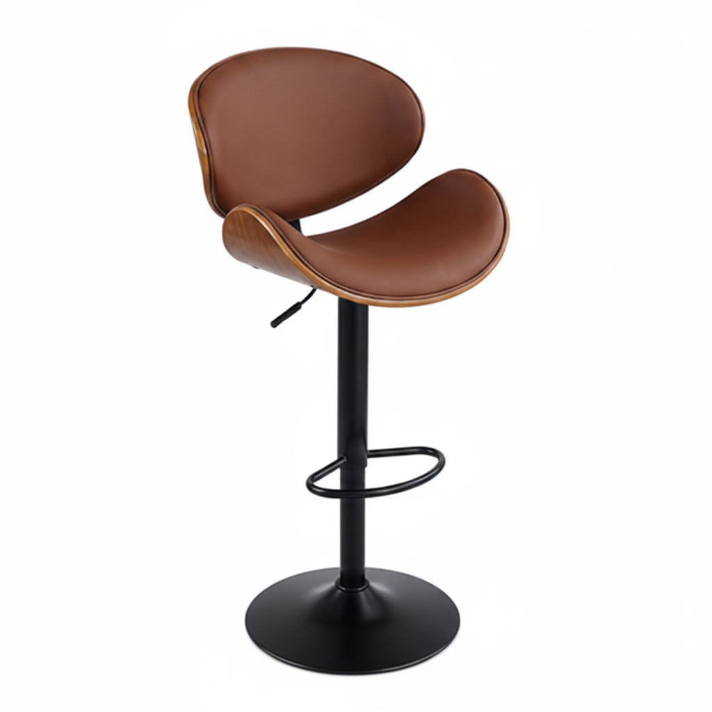 A modern bar stool with a curved brown upholstered seat and backrest, supported by a black metal pedestal base with a footrest ring, shown on a plain white background.