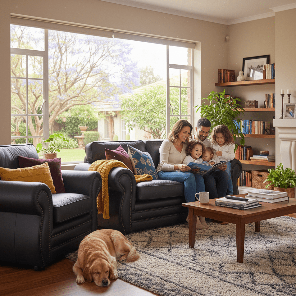 Family reading together on soft black couch in a cozy living room with a dog and books. Comfort Couch - That Couch Place