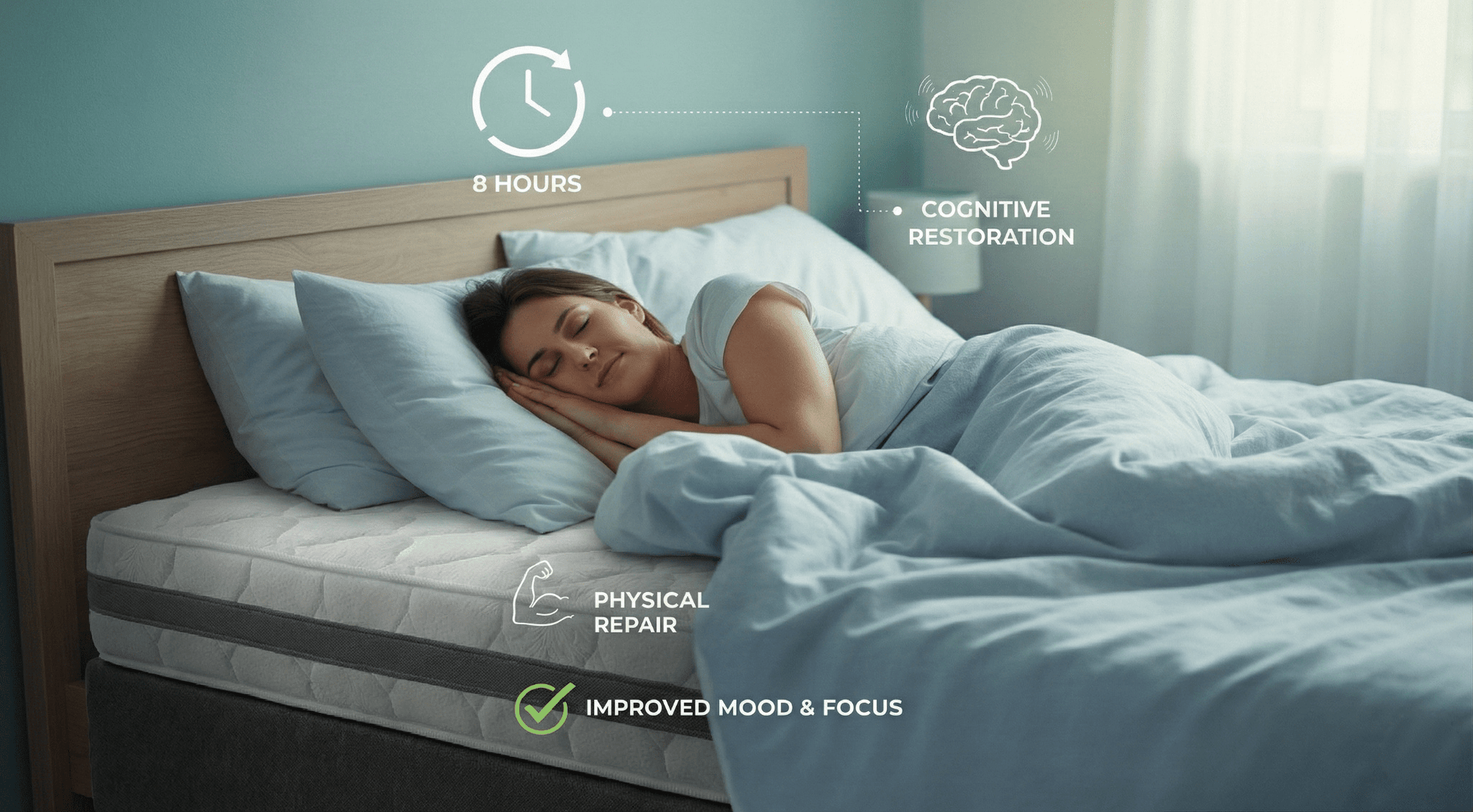 Woman sleeping on a mattress with health benefits displayed on screen Titanium bedding