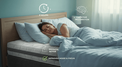 Woman sleeping on a mattress with health benefits displayed on screen Titanium bedding
