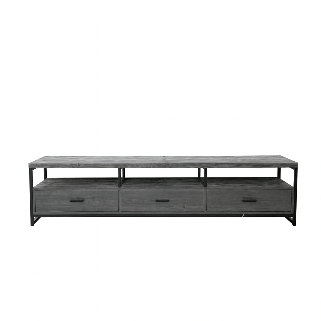 Long Grey wooden TV stand with three drawers on a white background