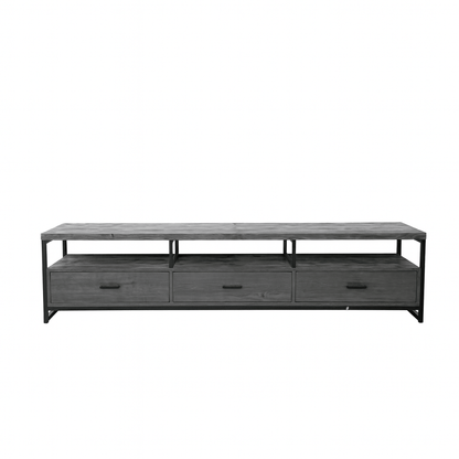 Long Grey wooden TV stand with three drawers on a white background