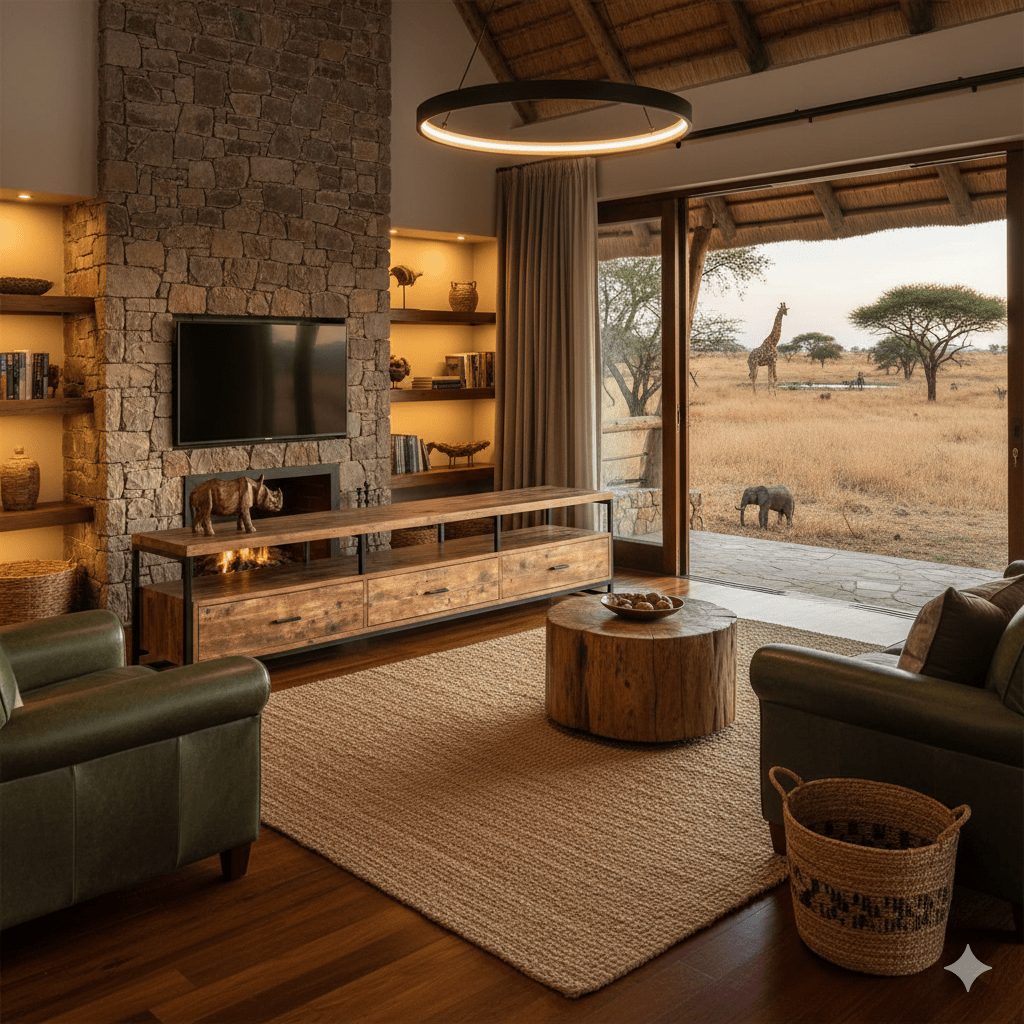 Living room with stone wall, TV, and large window showing Kruger national park view. That Couch Place