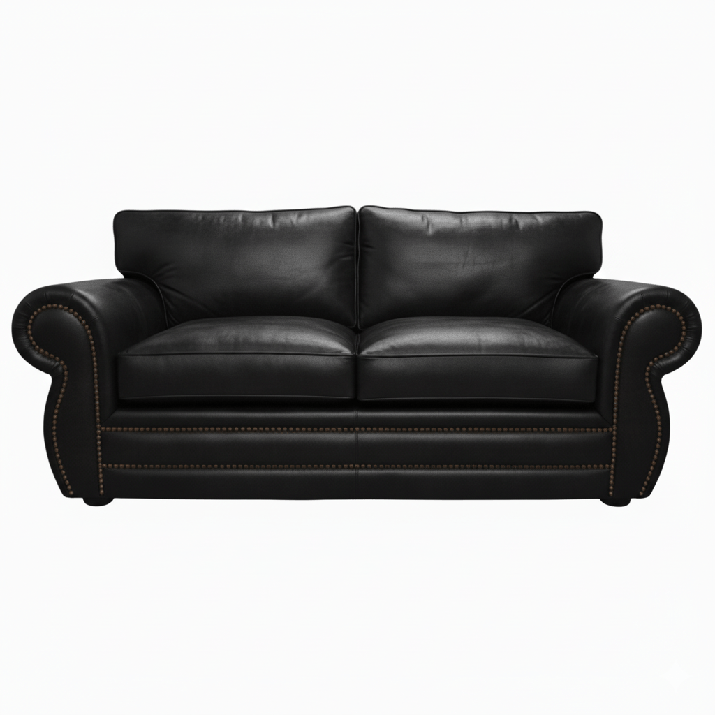 Black leather soft puffy two seat sofa on a white background