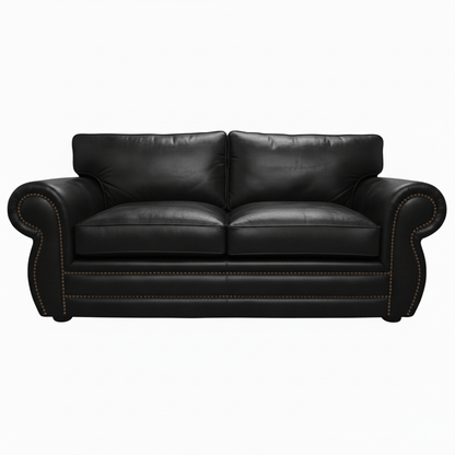 Black leather soft puffy two seat sofa on a white background