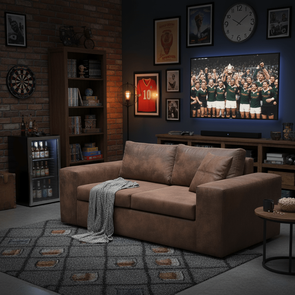 Living room with brown 2 seat sofa, sports-themed decor, and television showing a sports team. The Couch Place