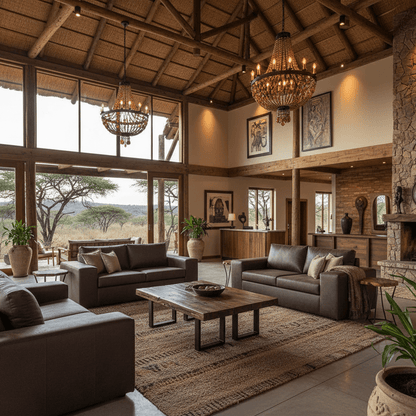 Luxurious living room with brown two seat leather sofas, a stone fireplace, and large windows overlooking a scenic view. The Couch Place