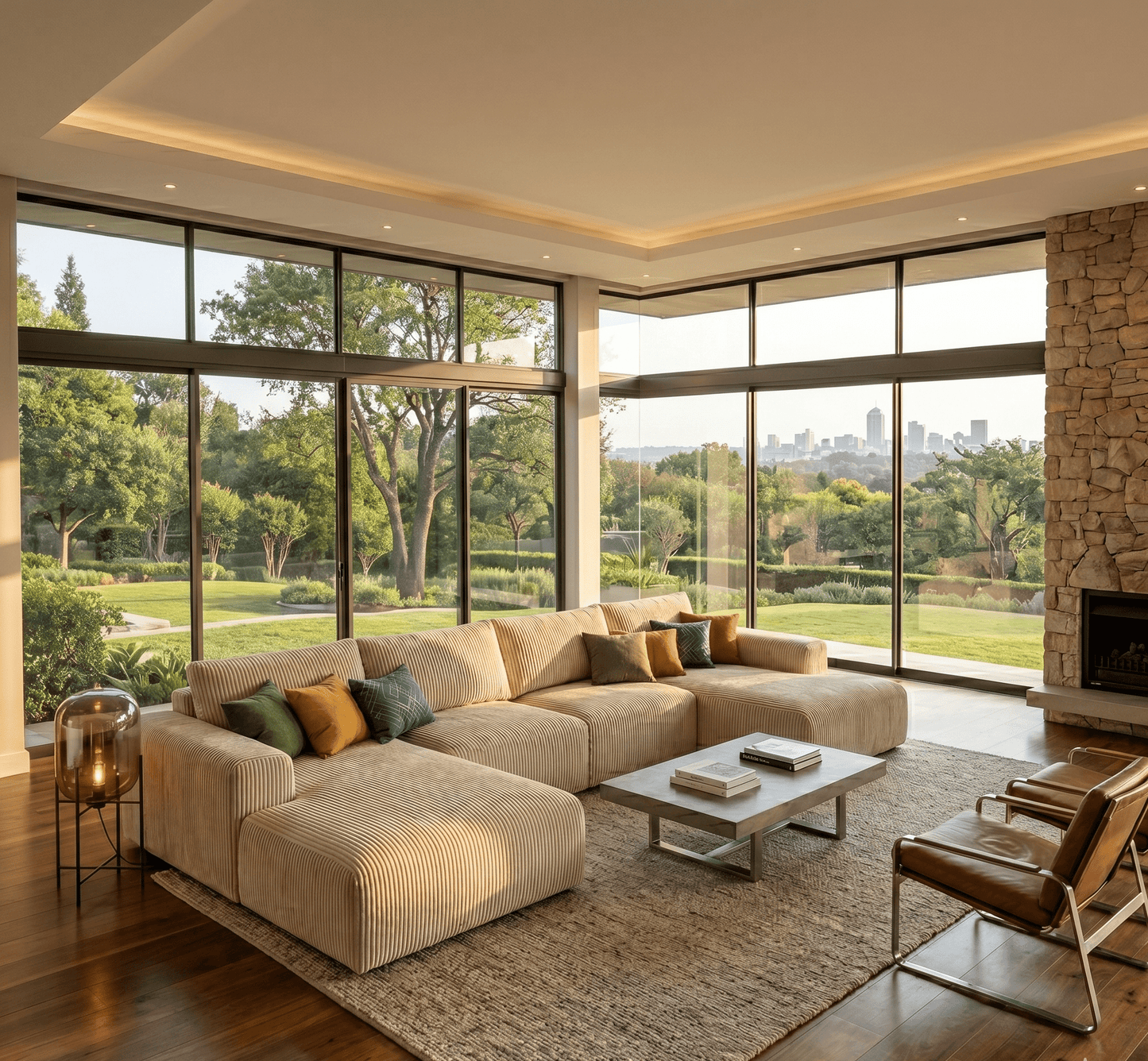 Modern living room with a large sectional sofa, coffee table, and chairs near a large window with a view of trees.