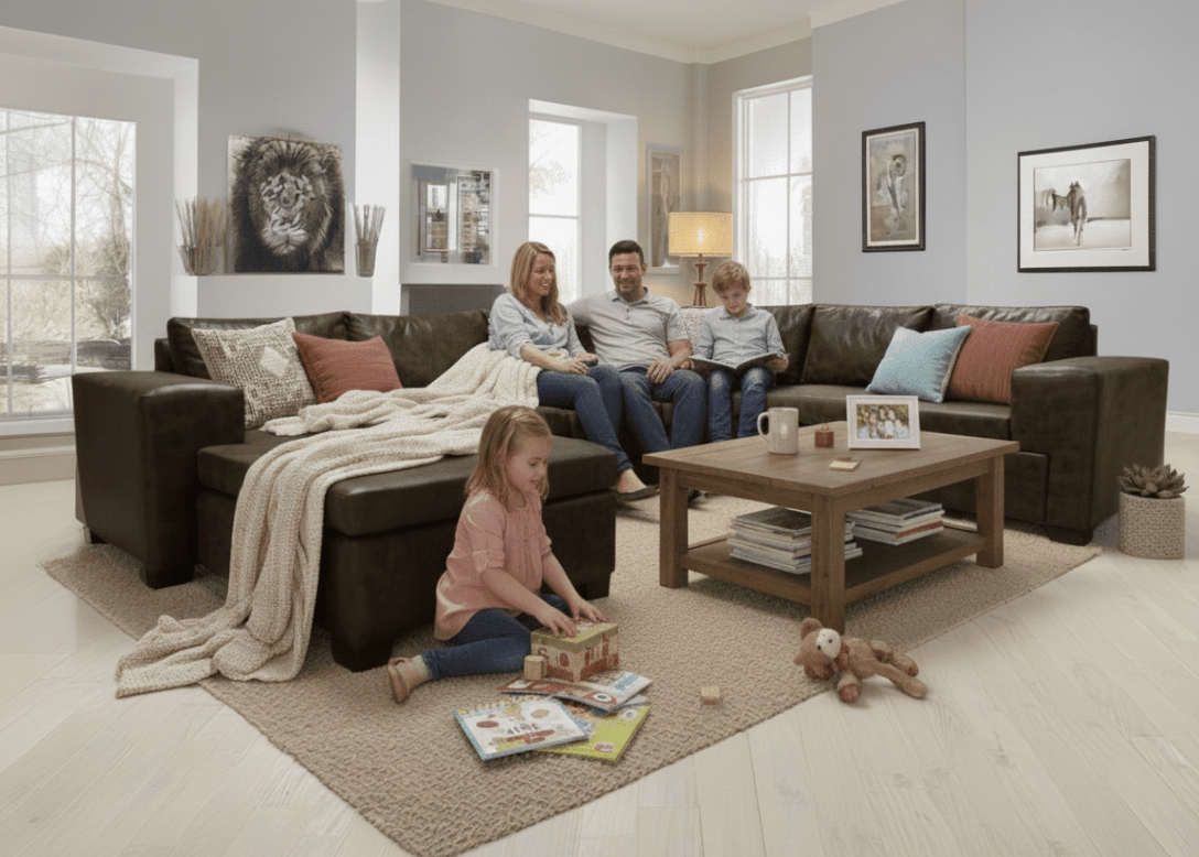 Family in a living room with a brown  U Shape sofa and wooden coffee table. That Couch Place