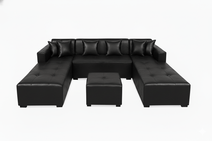 Black leather U shape couch sectional sofa with ottoman on a white background The Couch Place
