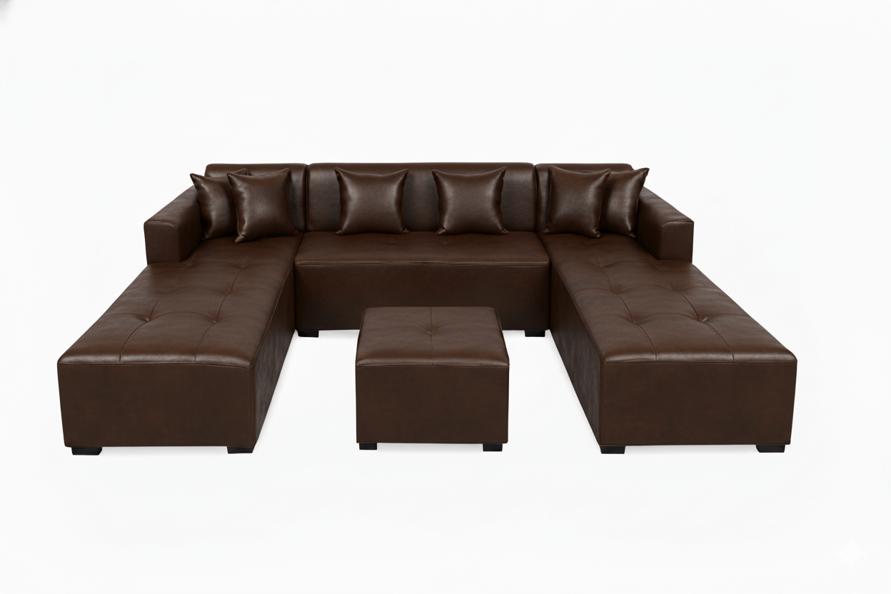Brown leather U shape couch sectional sofa with ottoman on a white background The Couch Place