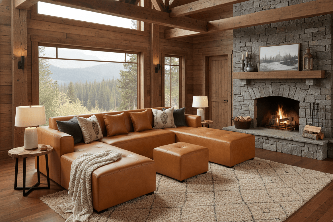 Cozy living room with brown U shape couch light brown sectional sofa, stone fireplace, and large windows. The Couch Place
