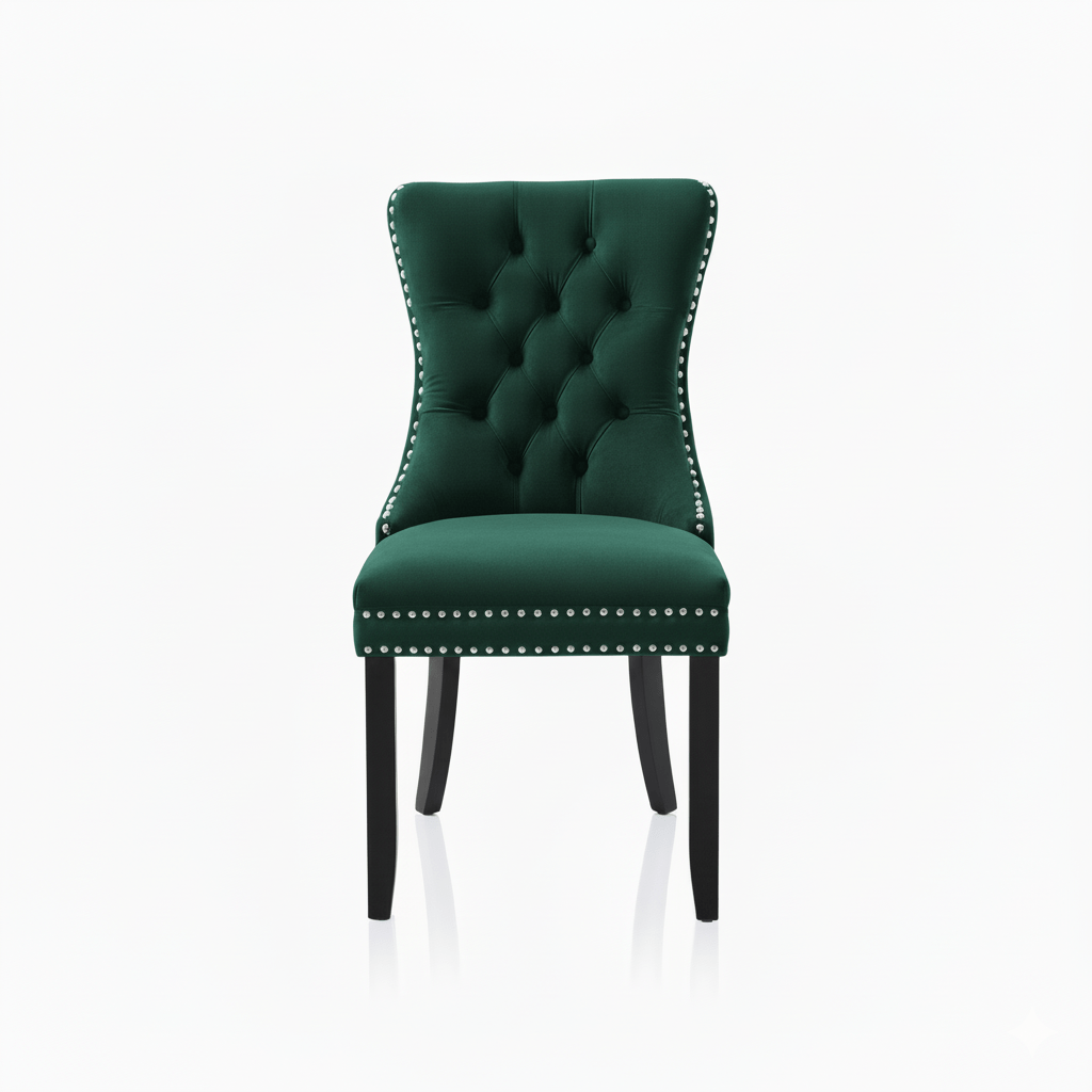 Green velvet chair with silver studded details on a white background