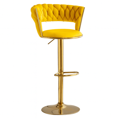Gold and yellow upholstered bar chair on white background. That couch place