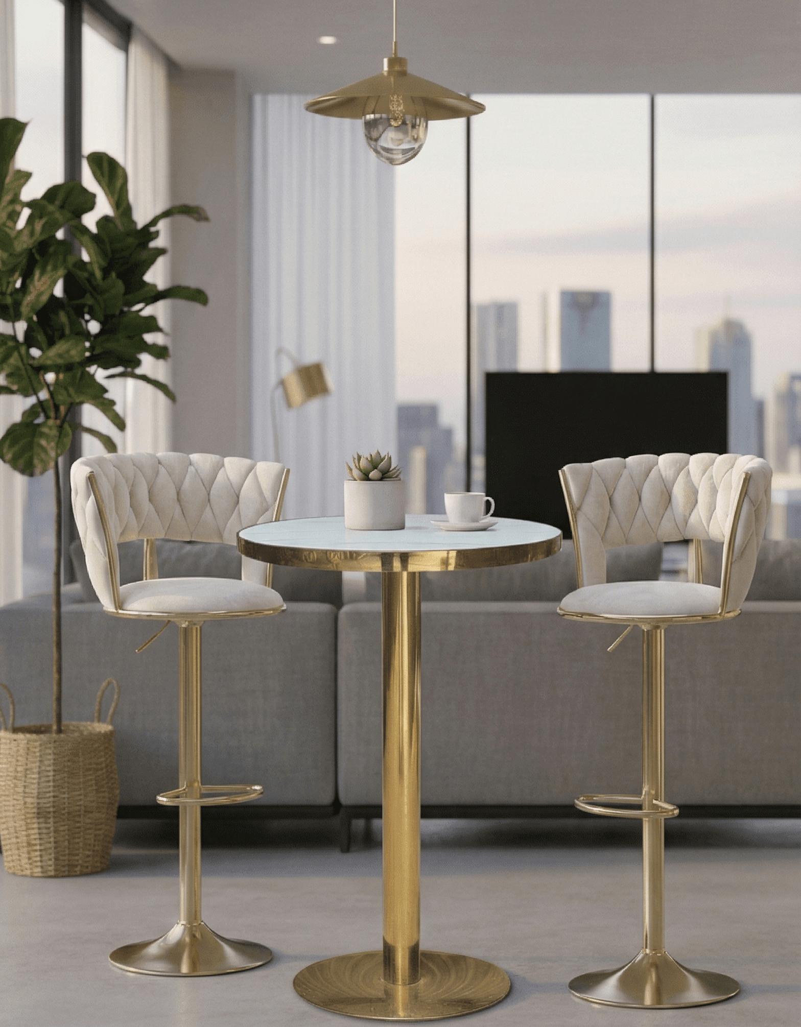 Modern white Velvet Wave Hollow Barstool  in hotel foyer with black marble table and gold base- That Couch Place
