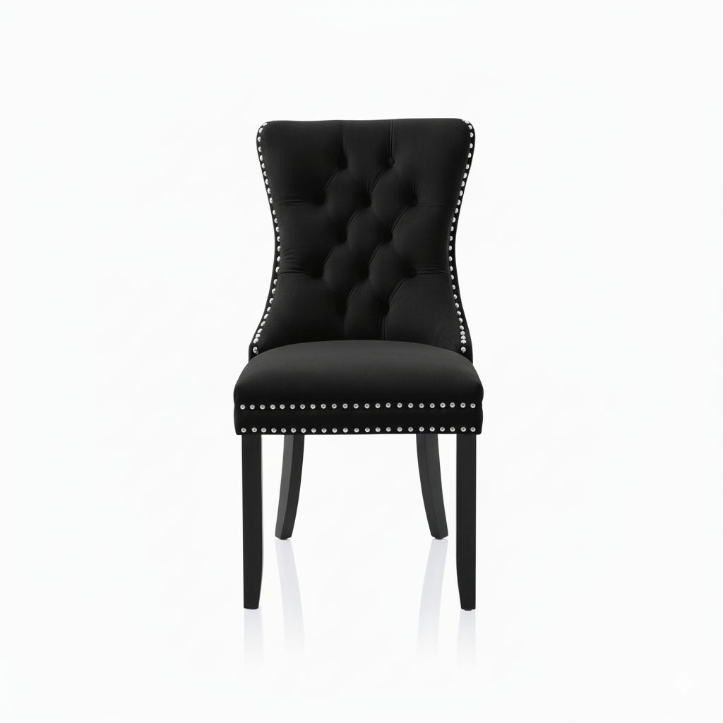 Black upholstered chair with studded details on a white background