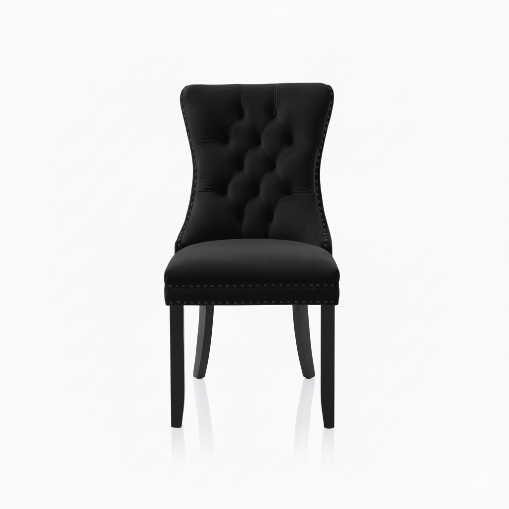 Black upholstered dining chair on a white background