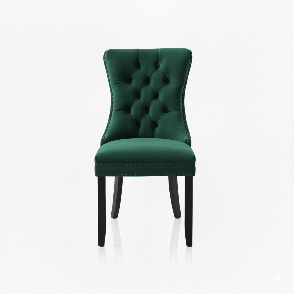 Green velvet chair with buttoned backrest on a white background