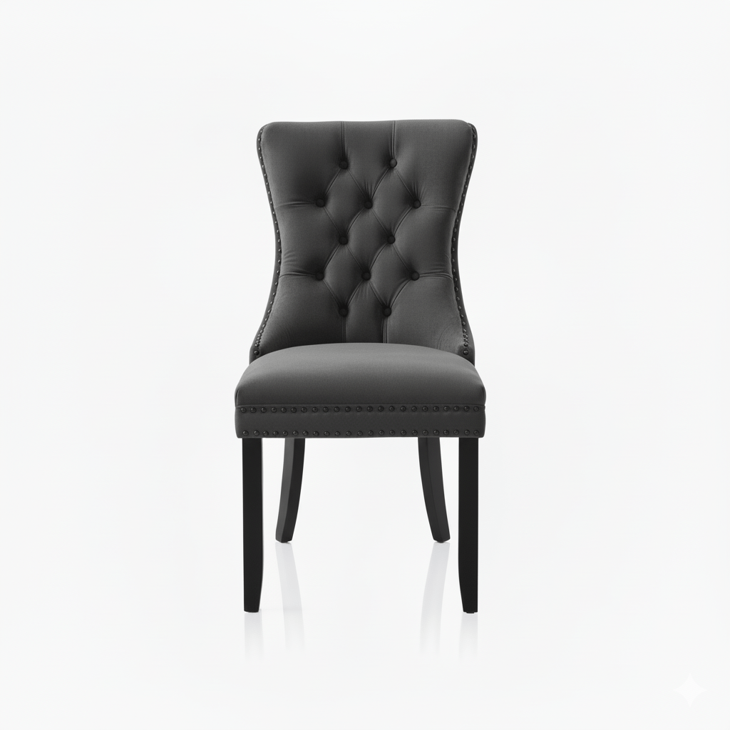 Gray tufted dining chair on a white background