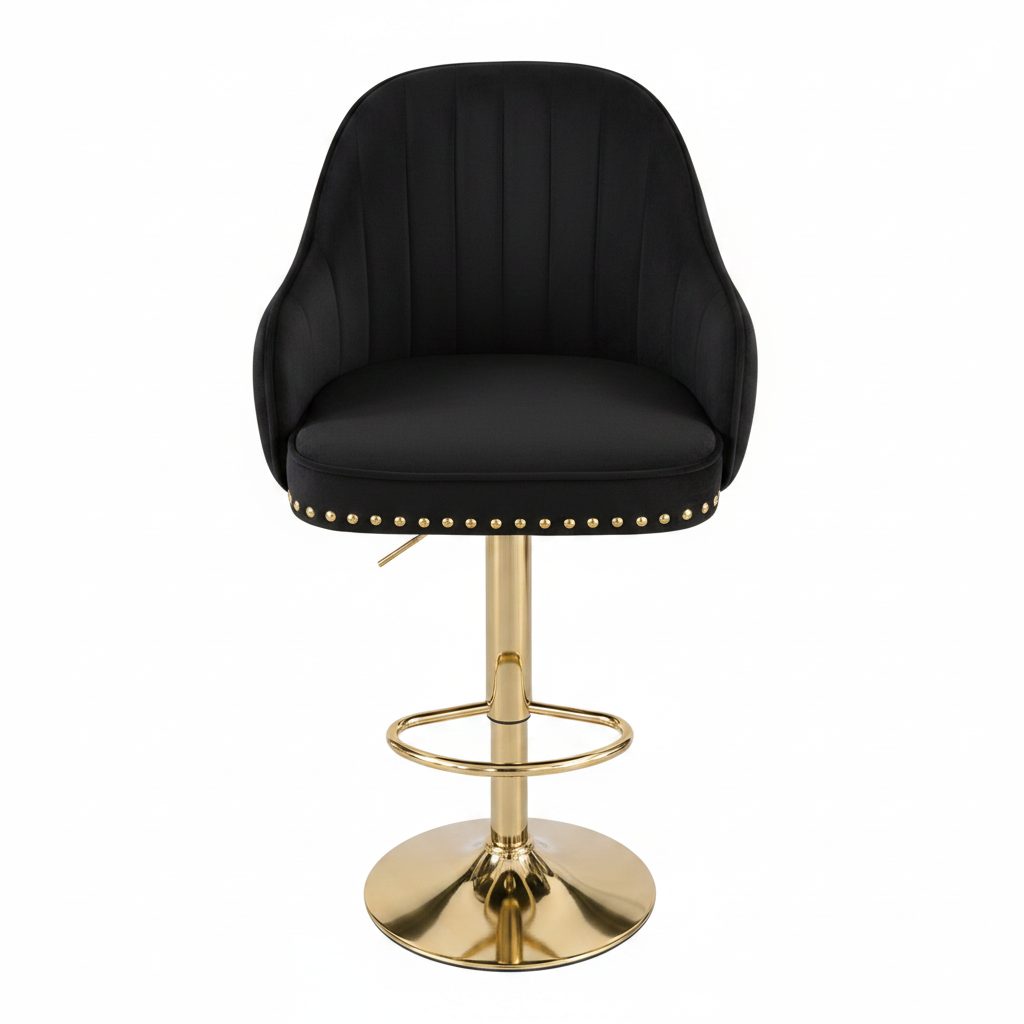 A modern bar stool featuring a deep navy blue velvet upholstered seat and curved backrest with vertical channel tufting, accented with gold nailhead trim. The stool is supported by a polished gold-finished metal swivel base with a circular footrest ring.
