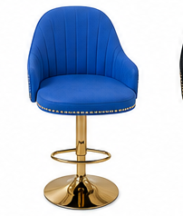 A blue upholstered swivel bar stool with a gold metal pedestal base and footrest, shown against a plain white background.