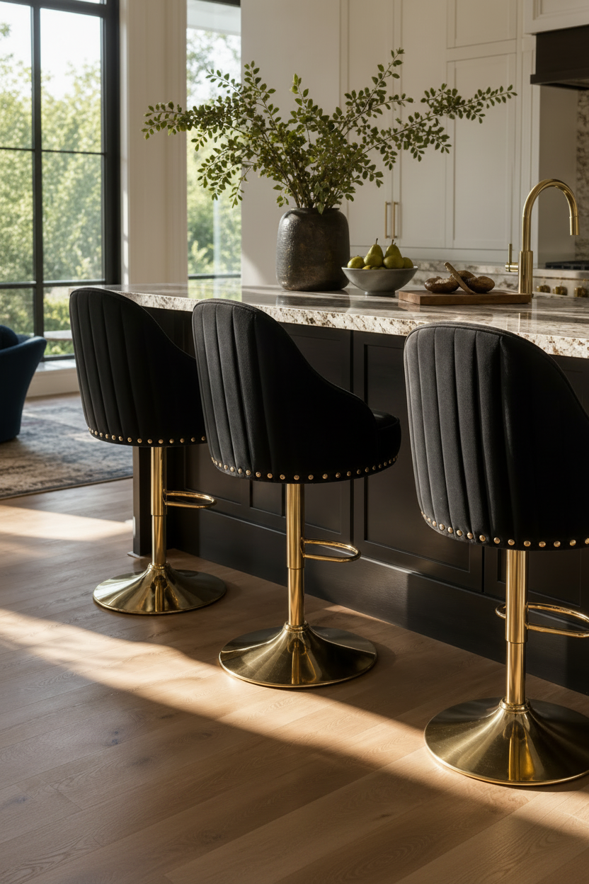 Three navy blue velvet swivel bar stools with gold-tone bases and nailhead trim, arranged along a kitchen island in a bright, modern kitchen.