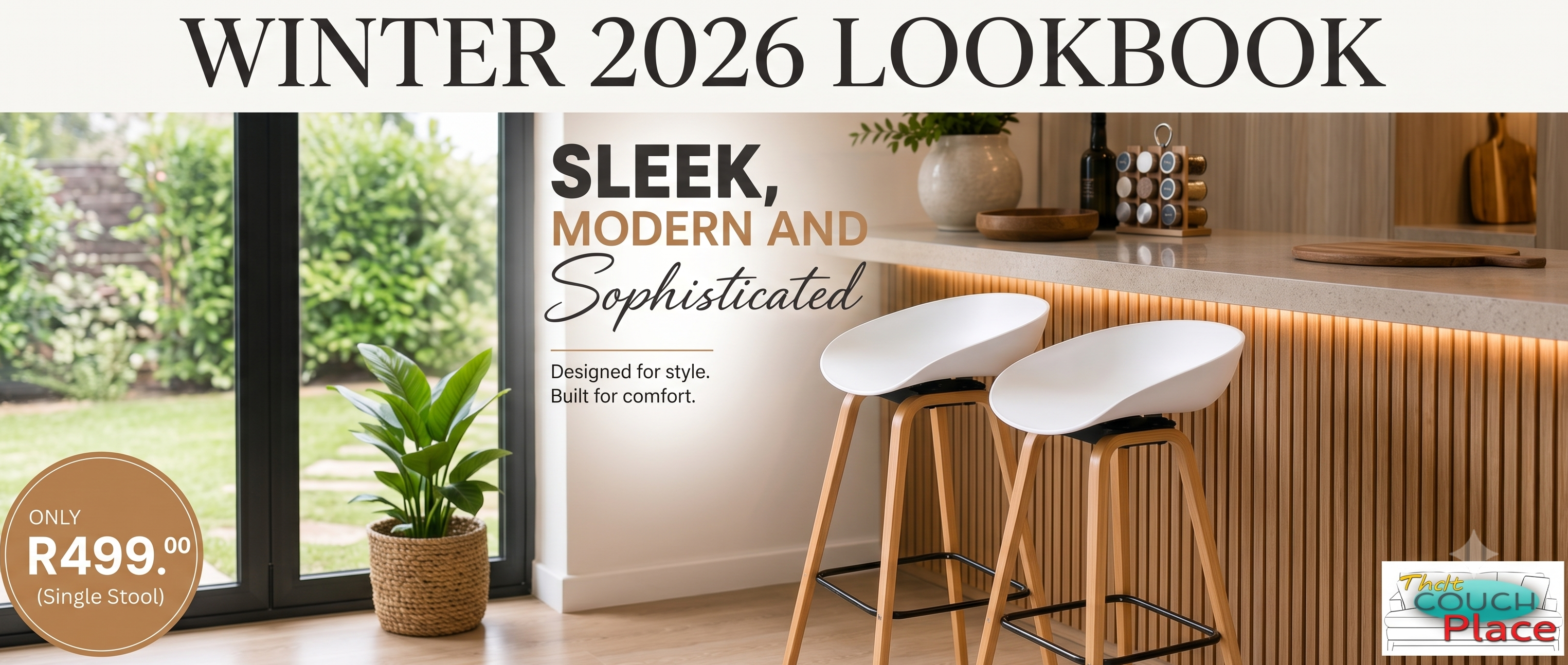 Promotional banner for a 'Winter 2026 Lookbook' by Color Place, showcasing a modern interior design scene with a wooden slatted bar counter, two white bar stools, and a large window view. The text reads 'SLEEK, MODERN AND Sophisticated' and includes a price badge 'Only R499.