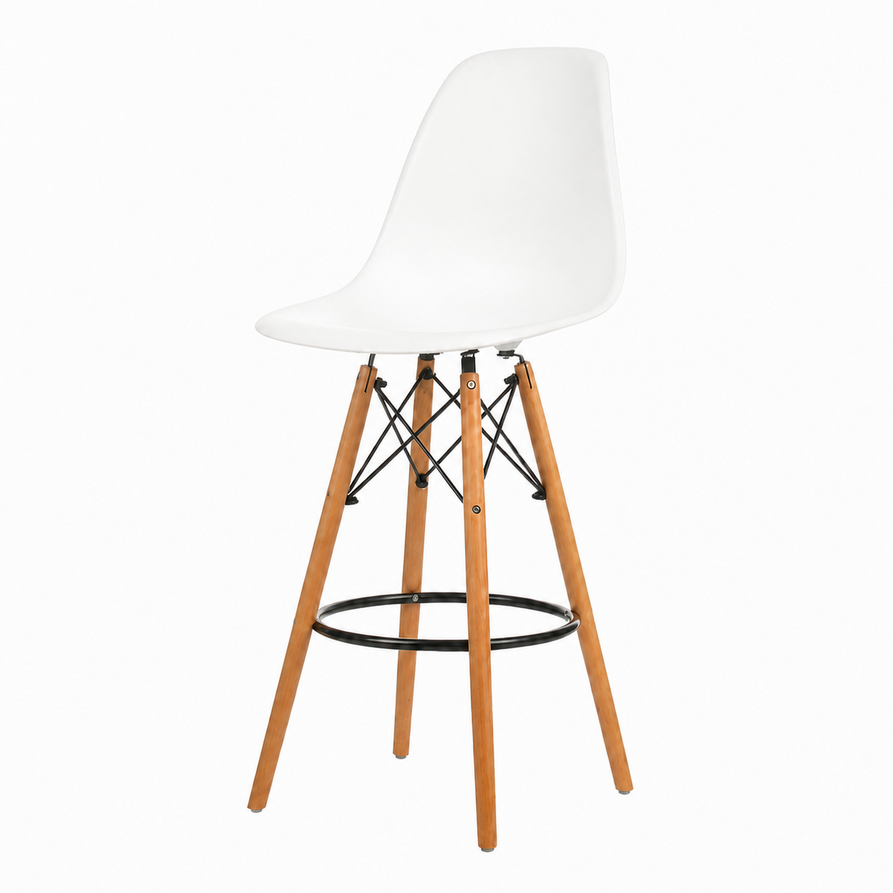 A modern counter stool with a white molded plastic seat, light brown wooden legs, and black metal wire accents, shown against a plain white background.