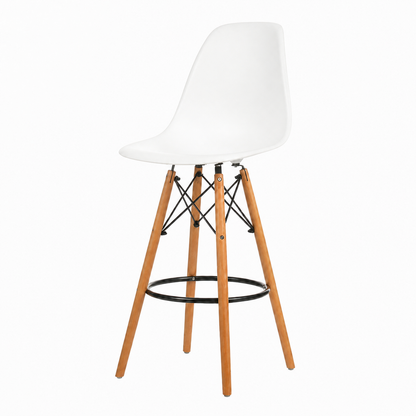 A modern counter stool with a white molded plastic seat, light brown wooden legs, and black metal wire accents, shown against a plain white background.