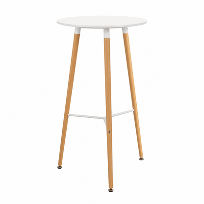 A modern bar stool with a round white top, natural wood legs, and a white metal footrest, shown on a plain white background.