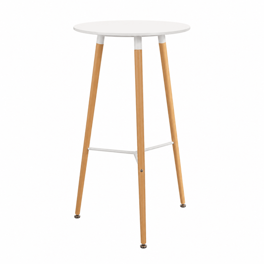 A modern bar stool with a round white top, natural wood legs, and a white metal footrest, shown on a plain white background.