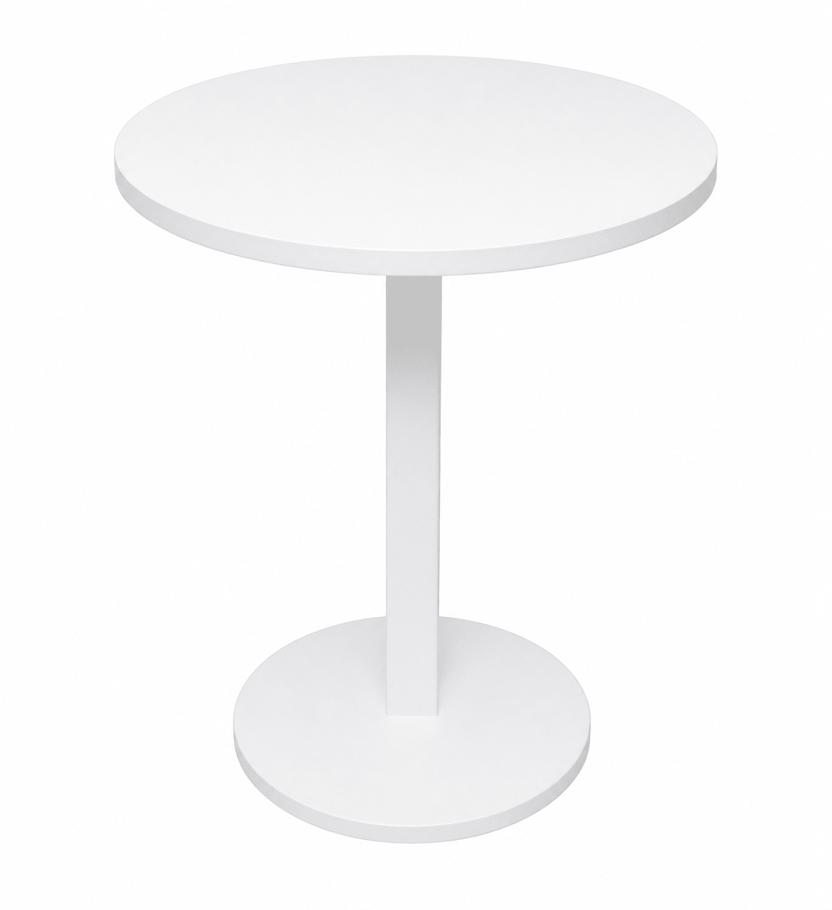A minimalist white round bar table with a single pedestal base and a circular footplate, shown against a plain white background.